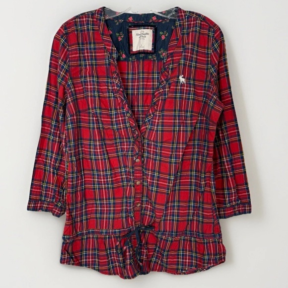 Abercrombie & Fitch Tops - A&F Y2K Plaid Ruffle Tunic Top Red Peplum Button Front Womens Large Mall Brand